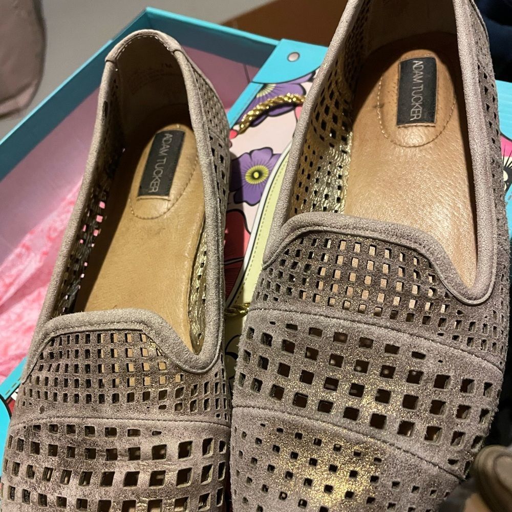 Perforated Leather Metallic Loafer Flats